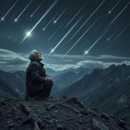 An old man kneeling on a mountain peak, gazing up at a sky filled with streaking meteors
