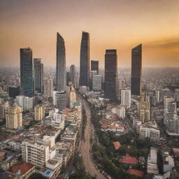 A dynamic view of the city of Jakarta with its bustling streets, towering skyscrapers under a golden sunset.