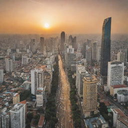 A dynamic view of the city of Jakarta with its bustling streets, towering skyscrapers under a golden sunset.