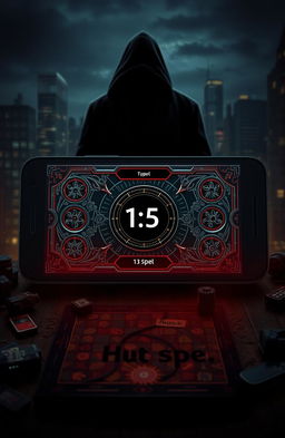 A dramatic scene depicting a digital game interface for an app called 'Het spel', which spirals into chaos leading to a murder
