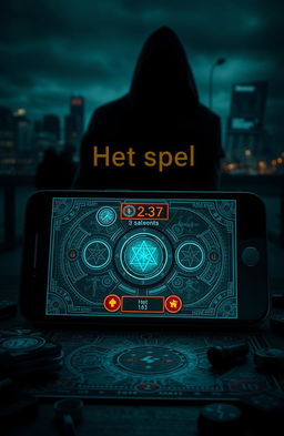 A dramatic scene depicting a digital game interface for an app called 'Het spel', which spirals into chaos leading to a murder