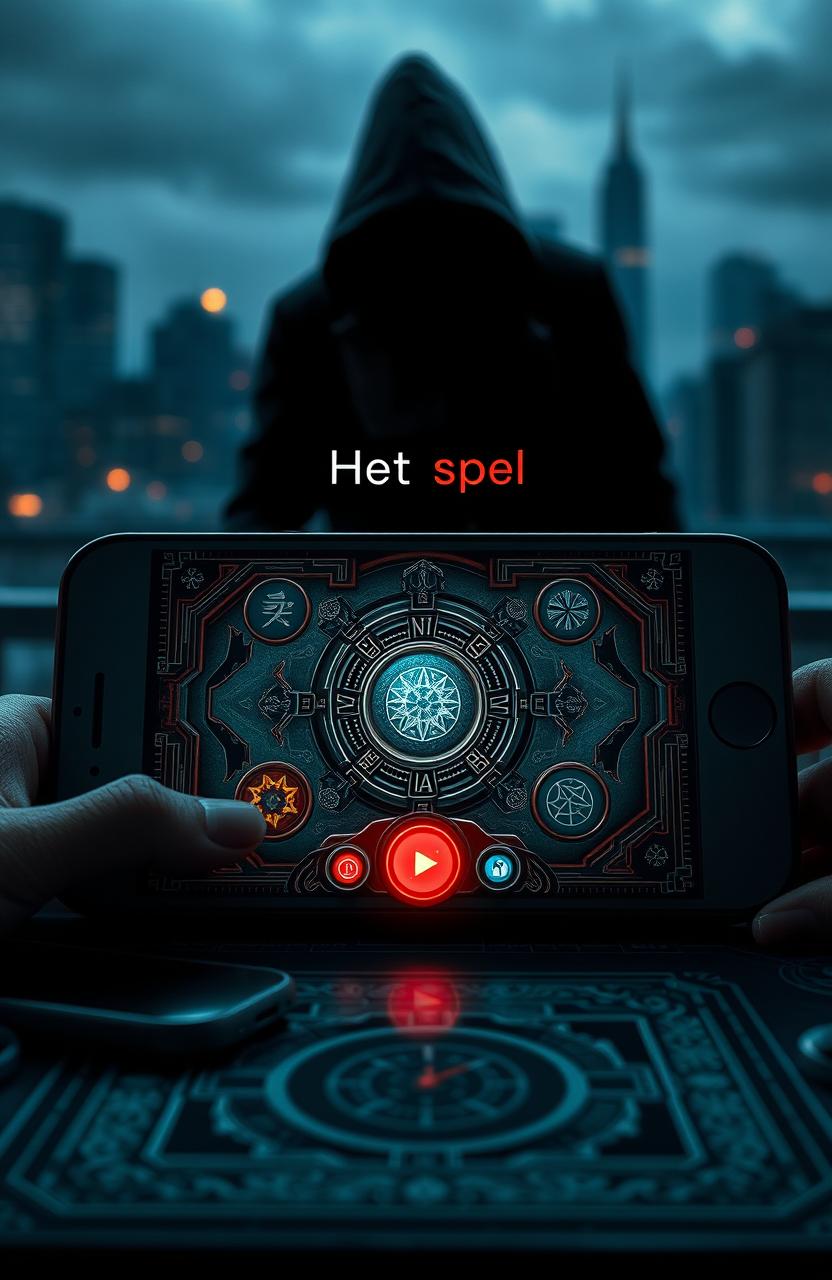 A dramatic scene depicting a digital game interface for an app called 'Het spel', which spirals into chaos leading to a murder