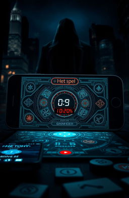 A dramatic scene depicting a digital game interface for an app called 'Het spel', which spirals into chaos leading to a murder