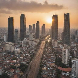 A dynamic view of the city of Jakarta with its bustling streets, towering skyscrapers under a golden sunset.