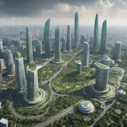 A futuristic view of Jakarta, Indonesia in the year 2050, featuring advanced architecture, innovative technology, and green spaces