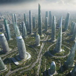 A futuristic view of Jakarta, Indonesia in the year 2050, featuring advanced architecture, innovative technology, and green spaces