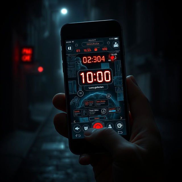 A gripping visual representation of the concept behind the book 'Het spel', showcasing a mobile game app interface that leads to a murder scenario