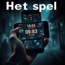 A gripping visual representation of the concept behind the book 'Het spel', showcasing a mobile game app interface that leads to a murder scenario