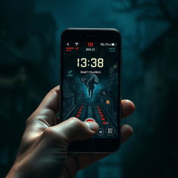 A gripping visual representation of the concept behind the book 'Het spel', showcasing a mobile game app interface that leads to a murder scenario