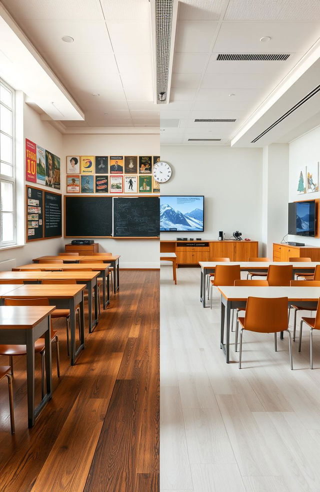 A half classroom divided into two distinct styles: one side is vintage and old, featuring wooden desks, chalkboards, and classic educational posters on the walls, creating a nostalgic and warm atmosphere