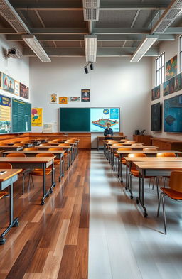 A half classroom divided into two distinct styles: one side is vintage and old, featuring wooden desks, chalkboards, and classic educational posters on the walls, creating a nostalgic and warm atmosphere