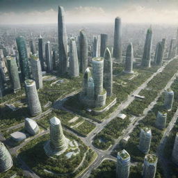 A futuristic view of Jakarta, Indonesia in the year 2050, featuring advanced architecture, innovative technology, and green spaces