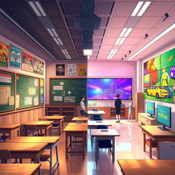 Anime style illustration of a half classroom, where one side reflects a vintage and old aesthetic, with traditional wooden desks, chalkboards, and nostalgic educational posters adorned on the walls, evoking a warm, charming atmosphere