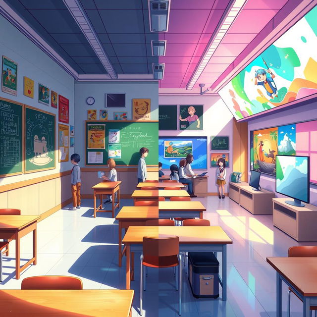 Anime style illustration of a half classroom, where one side reflects a vintage and old aesthetic, with traditional wooden desks, chalkboards, and nostalgic educational posters adorned on the walls, evoking a warm, charming atmosphere