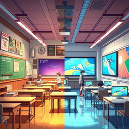 Anime style illustration of a half classroom, where one side reflects a vintage and old aesthetic, with traditional wooden desks, chalkboards, and nostalgic educational posters adorned on the walls, evoking a warm, charming atmosphere