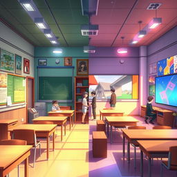 Anime style illustration of a half classroom, where one side reflects a vintage and old aesthetic, with traditional wooden desks, chalkboards, and nostalgic educational posters adorned on the walls, evoking a warm, charming atmosphere