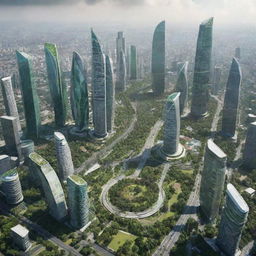 A futuristic view of Jakarta, Indonesia in the year 2050, featuring advanced architecture, innovative technology, and green spaces