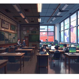 Anime style illustration of a half classroom, where one side represents a vintage, old, and dark aesthetic, featuring heavy wooden desks, worn chalkboards, dim lighting, and dusty educational posters that give off a mysterious and nostalgic vibe