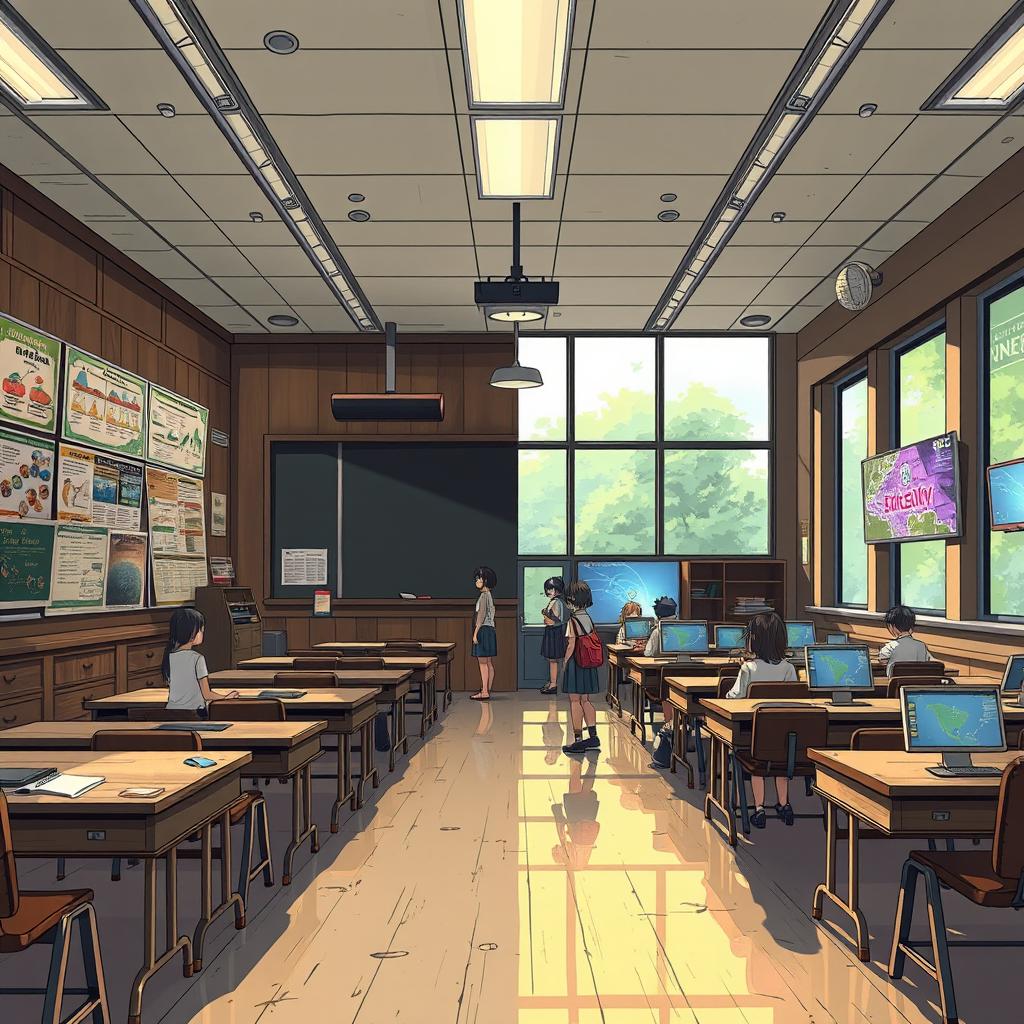 Anime style illustration of a half classroom, where one side represents a vintage, old, and dark aesthetic, featuring heavy wooden desks, worn chalkboards, dim lighting, and dusty educational posters that give off a mysterious and nostalgic vibe