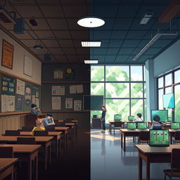 Anime style illustration of a half classroom, where one side represents a vintage, old, and dark aesthetic, featuring heavy wooden desks, worn chalkboards, dim lighting, and dusty educational posters that give off a mysterious and nostalgic vibe