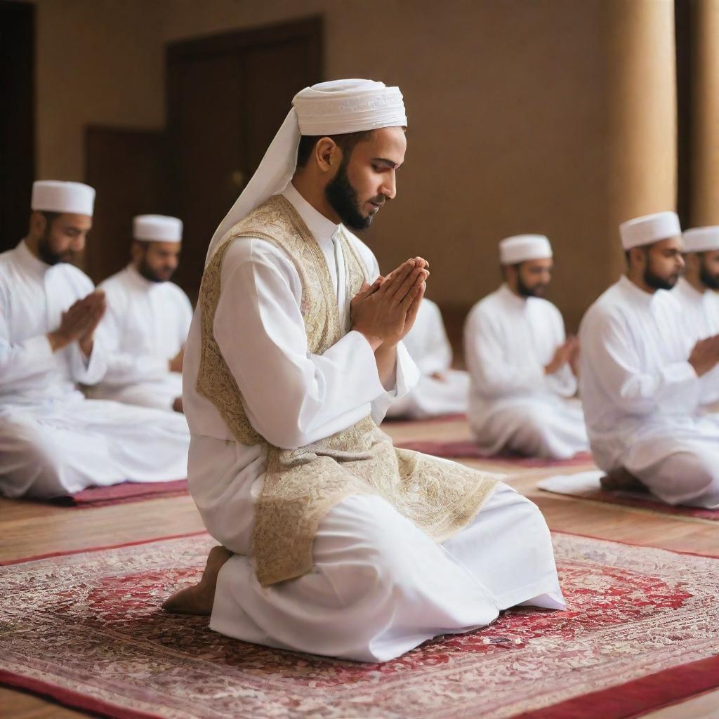 Draw a person practicing Islam, portraying them in a peaceful setting, respectfully performing their prayer rites, dressed in traditional attire.