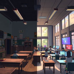 Anime style illustration of a half classroom, where one side represents a vintage, old, and dark aesthetic, featuring heavy wooden desks, worn chalkboards, dim lighting, and dusty educational posters that give off a mysterious and nostalgic vibe