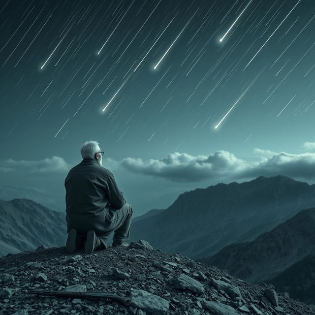 An old man kneeling on a mountain peak, viewed from behind, gazing up at a sky filled with streaking meteors