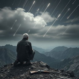 An old man kneeling on a mountain peak, viewed from behind, gazing up at a sky filled with streaking meteors