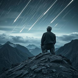 An old man kneeling on a mountain peak, viewed from behind, gazing up at a sky filled with streaking meteors