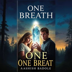 A captivating book cover for 'One Breath' by Ashish Badole, illustrating a serene forest scene under a twilight sky