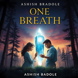 A captivating book cover for 'One Breath' by Ashish Badole, illustrating a serene forest scene under a twilight sky