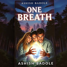 A captivating book cover for 'One Breath' by Ashish Badole, illustrating a serene forest scene under a twilight sky