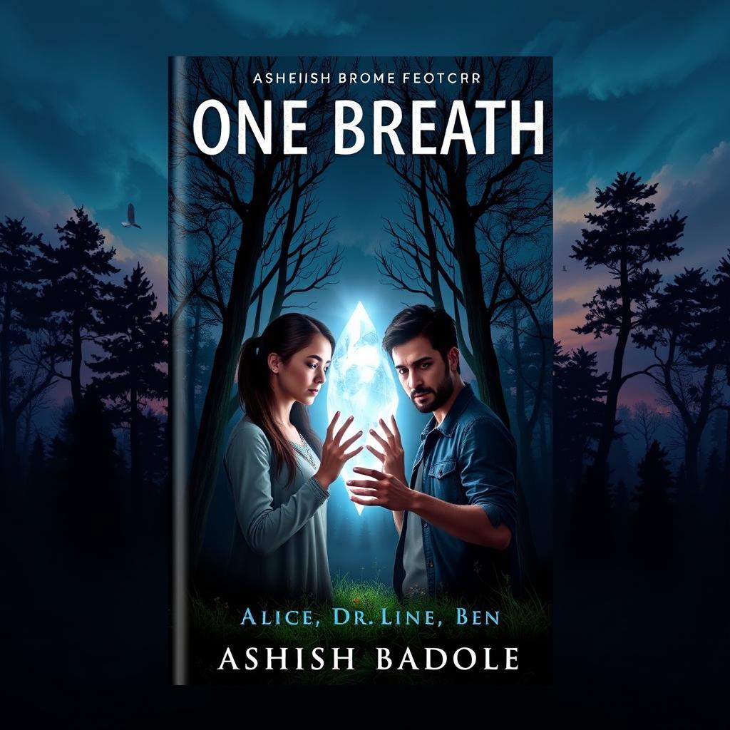 A captivating book cover for 'One Breath' by Ashish Badole, illustrating a serene forest scene under a twilight sky