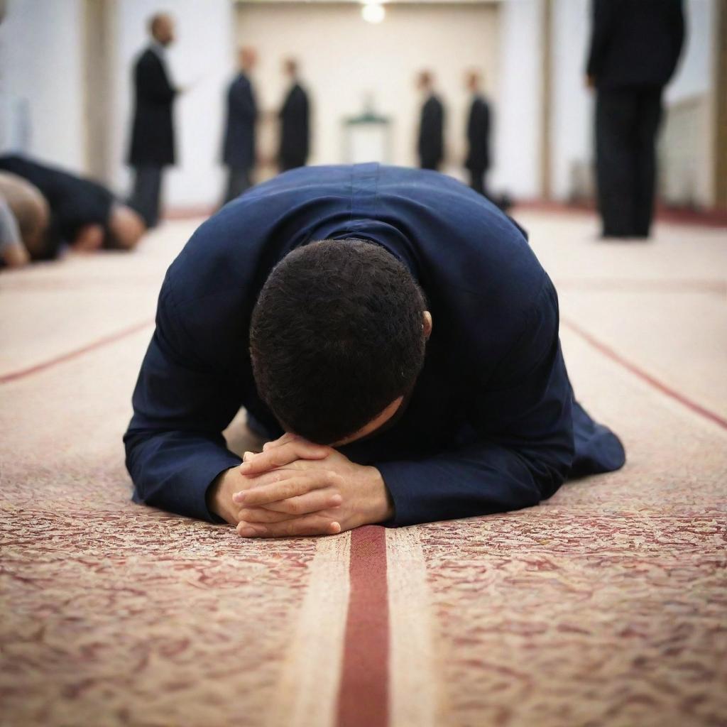 Modify the previous image to depict the person in their final moment of peaceful prayer, passing away during prostration (sujud) with a serene expression on their face.