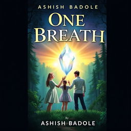 A magical book cover for 'One Breath' by Ashish Badole, illustrating a twilight scene where the title glows above an ancient forest