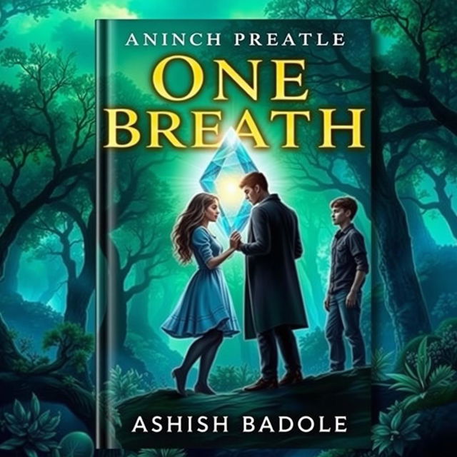 A magical book cover for 'One Breath' by Ashish Badole, illustrating a twilight scene where the title glows above an ancient forest