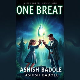 A magical book cover for 'One Breath' by Ashish Badole, illustrating a twilight scene where the title glows above an ancient forest