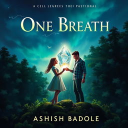 A magical book cover for 'One Breath' by Ashish Badole, illustrating a twilight scene where the title glows above an ancient forest