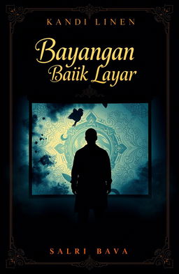 A captivating book cover design for the title 'Bayangan di Balik Layar', featuring a mysterious silhouette of a person standing in front of a large, illuminated screen showcasing abstract visual elements