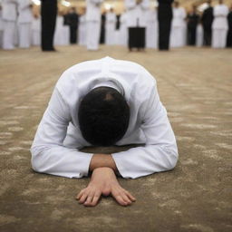 Modify the previous image to depict the person in their final moment of peaceful prayer, passing away during prostration (sujud) with a serene expression on their face.