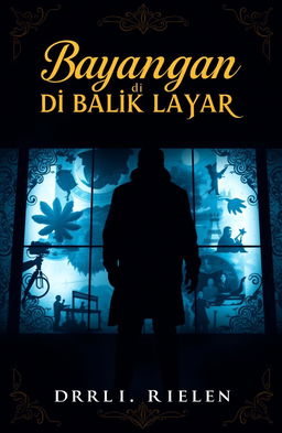 A captivating book cover design for the title 'Bayangan di Balik Layar', featuring a mysterious silhouette of a person standing in front of a large, illuminated screen showcasing abstract visual elements