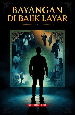 A captivating book cover design for the title 'Bayangan di Balik Layar', featuring a mysterious silhouette of a person standing in front of a large, illuminated screen showcasing abstract visual elements
