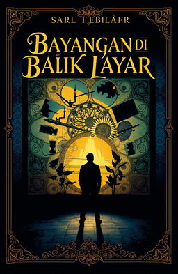 A captivating book cover design for the title 'Bayangan di Balik Layar', featuring a mysterious silhouette of a person standing in front of a large, illuminated screen showcasing abstract visual elements