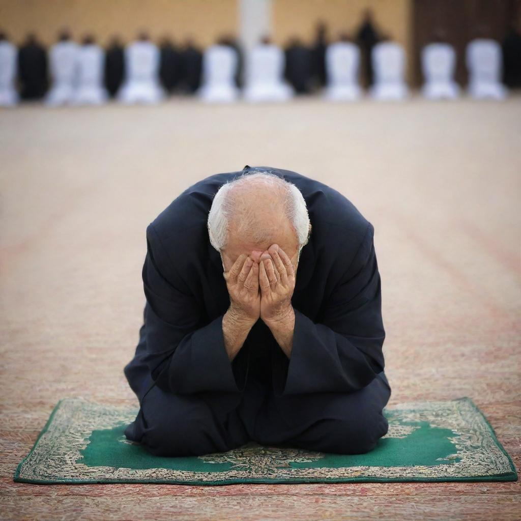 Modify the previous image to depict the person in their final moment of peaceful prayer, passing away during prostration (sujud) with a serene expression on their face.