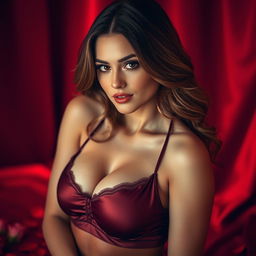 An alluring portrait of a confident and sensual woman, posed gracefully with a soft, seductive expression