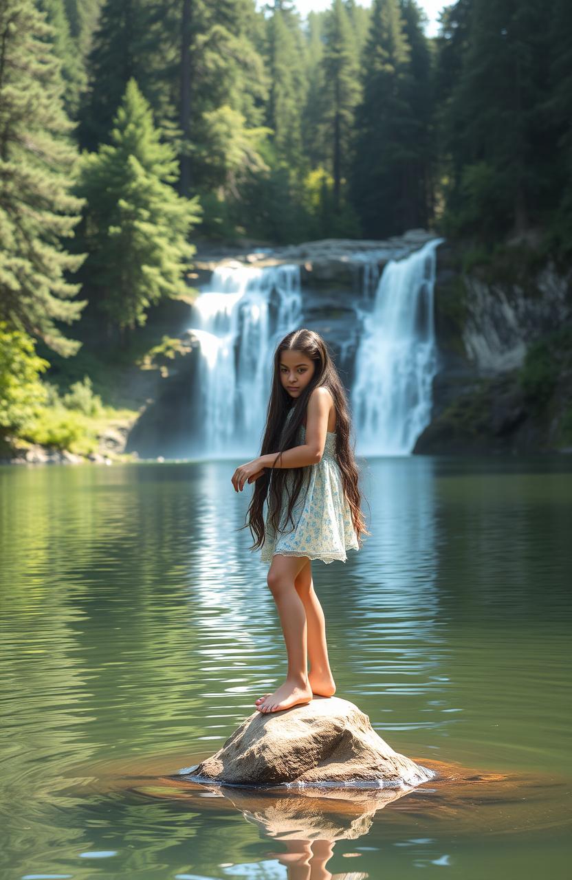 An American girl with long black hair and striking silver eyes, standing gracefully on a stone in the middle of a calm lake, surrounded by a serene forest