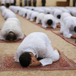 Modify the previous image to depict the person in their final moment of peaceful prayer, passing away during prostration (sujud) with a serene expression on their face.