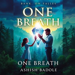A magical book cover for 'One Breath' by Ashish Badole, depicting a twilight scene where the title glows brilliantly above an ancient forest