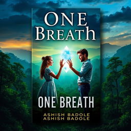 A magical book cover for 'One Breath' by Ashish Badole, depicting a twilight scene where the title glows brilliantly above an ancient forest