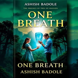 A magical book cover for 'One Breath' by Ashish Badole, depicting a twilight scene where the title glows brilliantly above an ancient forest